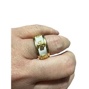 Tory Burch Ring Enamel Raised Logo Ring White Gold Band Size 8 NWT